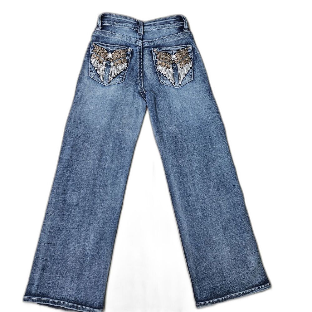 Telepatía Jeans Women 7 Blue Angel Wing Rhinestone Wide Leg Denim Embellished